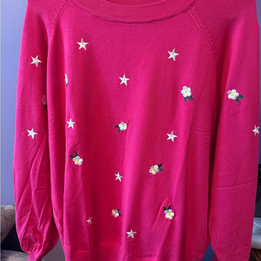 Umgee Hot Pink Embroidered Star & Flower Crewneck Sweater - Picture 4 of 7